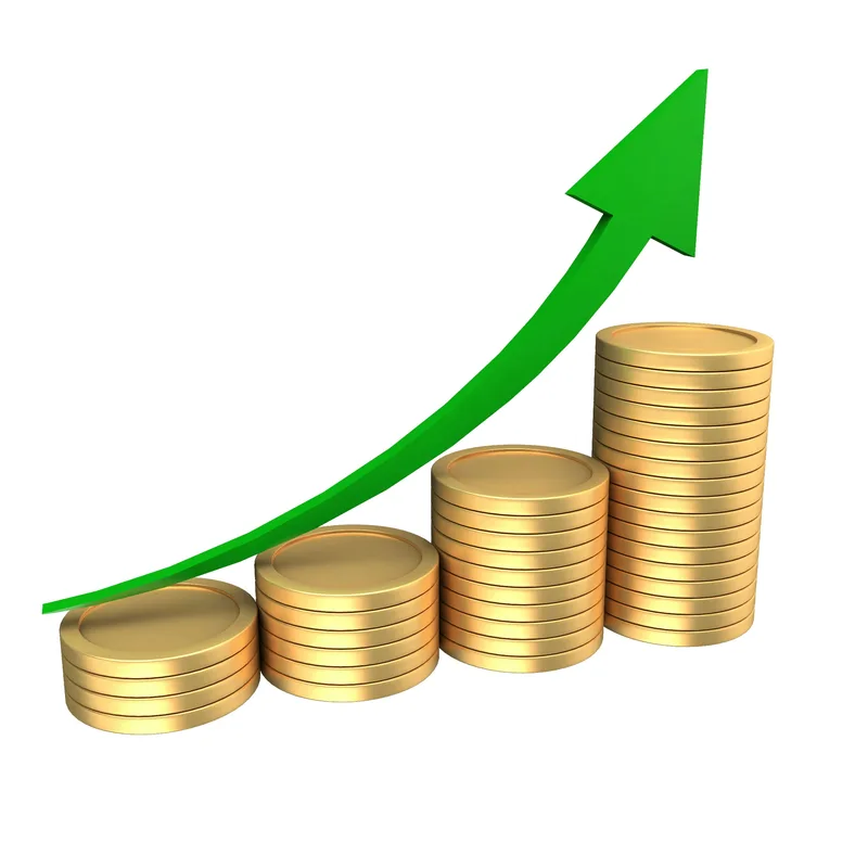 Growing savings and financial improvement chart - stacked gold coins with rising green arrow